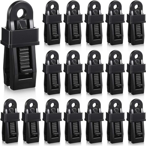 Lot de 20 pinces à bâche multifonctions en forme de crocodile avec verrouillage solide pour tente extérieure, auvent, noir (1/5)