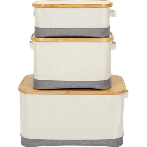 LAZEN - Lot de 3 Panières Bambou avec Couvercle Tissu Blanc et Gris (1/5)