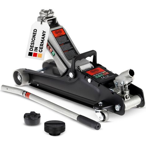 HEYNER® Hydraulischer Wagenheber 2,25t mit Gummiauflage & Tasche, Hubhöhe 85–380 mm, Chrom-Vanadium, extra flach, Ersatzgummipuffer für Schwellerfalz & Rundsattel