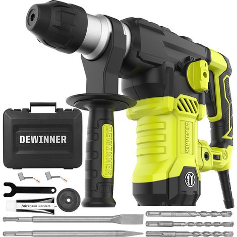 Dewinner – Marteau perforateur burineur 1500W – 5,5J – 6 vitesses 200-850 tr/min – 4400 coups/min – Embrayage de sécurité – Pour béton, métal, bois