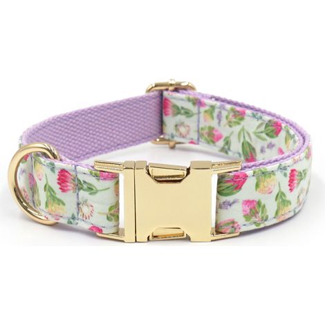 Collier de chien floral et fruits M, ajustable en coton avec boucle dorée, violet clair (1/2)