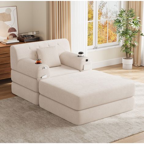 Sofá cama 1 plaza 162x107x81 cm beige, respaldo alto, pana, sin montaje MEUBLIV (1/5)
