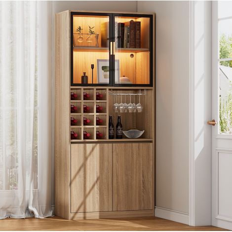 Mobile contenitore alto con ante in vetro e luce LED, 180 cm, MDF, naturale OKMYHOME (1/5)
