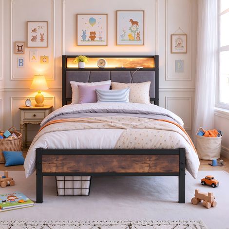 Lit 1 place 90x190 cm avec tête de lit rembourrée et éclairage LED RGB, cadre de lit métal et aspect bois, sommier inclus, pour chambre enfant et adulte, marron (1/5)