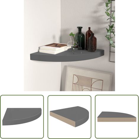 The Living Store Eck-Schweberegal Hochglanz-Grau 35x35x3,8 cm MDF - Eckwandregal - Wandschrank - Wohnraumgestaltung - Aufbewahrungssystem - Designregal (1/5)