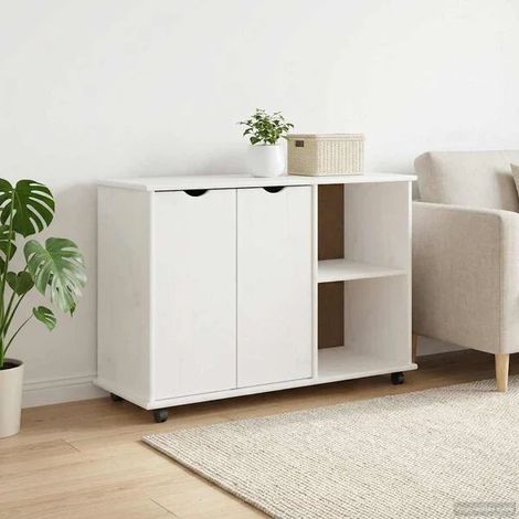 Meuble de Rangement sur Roulettes en Bois Massif Pin, 100 x 39 x 65,5 cm, Armoire de Stockage Blanche avec Portes et Étagères Ajustables pour Salon, Cuisine ou Bureau (1/5)