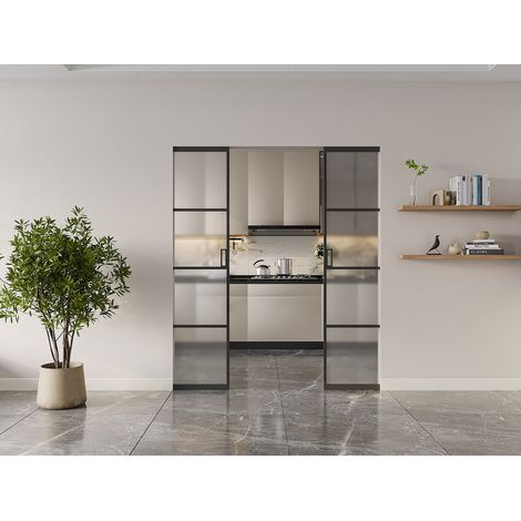 Porte coulissante double avec système à galandage - aluminium et verre trempé dépoli - 2 x H205 x L63 cm - SINCA II (1/2)