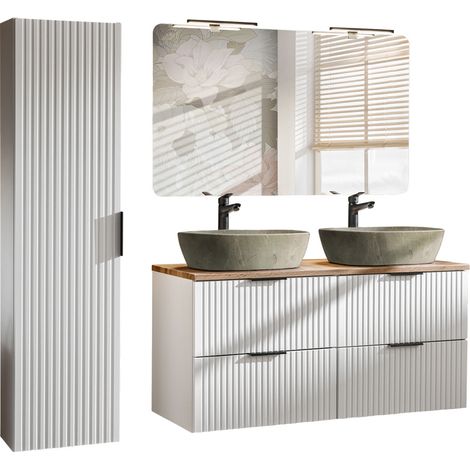 Badmöbel Set matt weiß gerillt ADELAIDE-56-WHITE LED-Spiegel,120 cm Waschtisch mit Keramikbecken, Hochschrank (1/5)