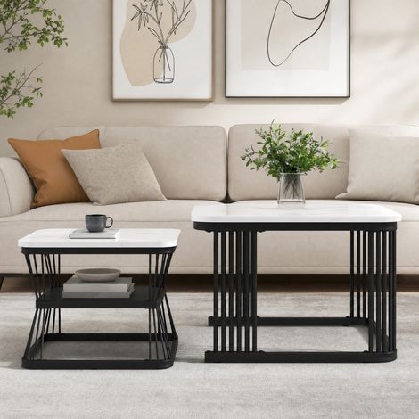 Set de 2 mesas auxiliares modernas para salón y junto al sofá, MDF blanco brillo efecto mármol con patas de metal negras, 65x65x45 y 45x45x39,5 cm CHICFURN (1/5)