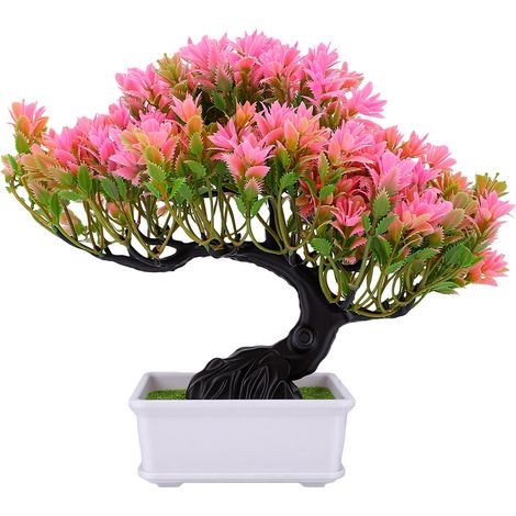 Bonsaï artificiel d'intérieur, petite plante décorative avec pot, rose, 24 cm (9,5 po), pour la maison, le bureau, une étagère, la chambre ou le salon. Style moderne et champêtre. (1/5)