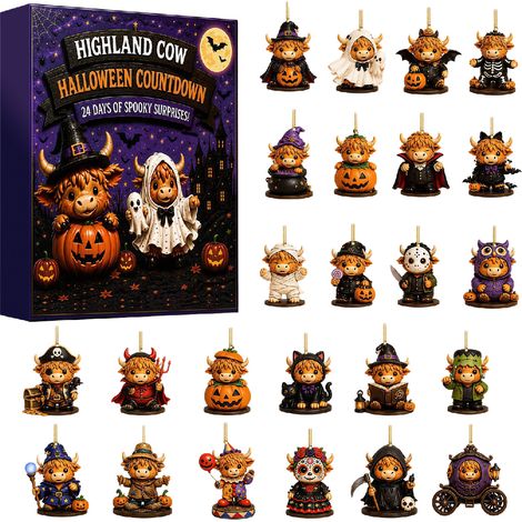 halloween adventskalender 2026 - 24 stuks - veelkleurig - acryl materiaal - 8cm platte hangornamenten - highland koe cartoon ontwerp - hangdecoratie - geschikt voor halloweenfeest en interieur decorat (1/5)
