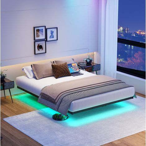 Cama moderna de metal negro 120x200 cm con efecto flotante, LED, estación de carga y somier de láminas (1/5)
