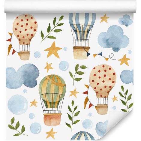 Papel pintado con globos, nubes, estrellas y plantas para salón y dormitorio, 50x1000 cm. (1/5)