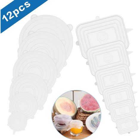MINKUROW Silikon-Stretchdeckel, 12 Silikon-Stretchdeckel in verschiedenen Größen, für Gläser, Gläser, Becher, Dosen, Melonen (klar rund + klar eckig) (1/5)