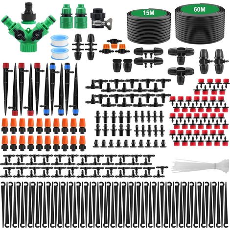 Système d'irrigation Jardin,60+15M Kit d'irrigation Goutte 313Pcs Micro Irrigation Goutte à Goutte Kit Arrosage Automatique,DIY Système d'arrosage pour Jardin,Pelouse,Plante, Paysage,Potager (1/5)