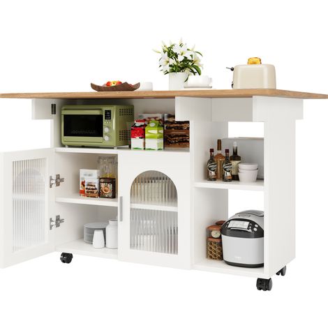 CHICFURN Isla de cocina 120 x 30 x 79,5 cm de MDF y vidrio blanco, con ruedas y almacenaje (1/5)