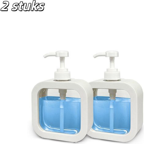 Lot de 2 distributeurs savon blancs 500ml, pompe, rechargeables, transparents, pour SDB et cuisine. (1/5)
