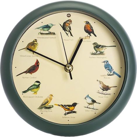 Horloge murale (1 pièce), motif chant d'oiseau brun, 12 chants d'oiseaux différents, silencieuse (sans tic-tac), arrêt automatique la nuit, idéale pour un bureau ou un salon. (1/5)