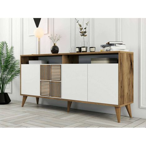 Dmora - Consolle Garigliano, Credenza da soggiorno, Armadio basso per TV, Base parete attrezzata, 160x35 h79 cm, Noce e Bianco (1/5)
