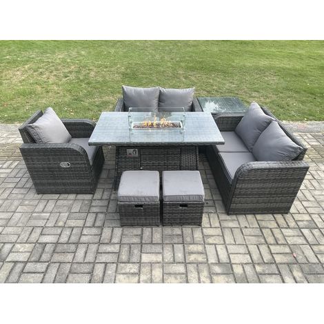 Fimous Rattan Gartenmöbel Set mit Gas Feuergrube Esstisch, Beistelltisch und 2 kleine Fußhocker Indoor Outdoor 7-teilige Loveseat Sofa Set (1/5)