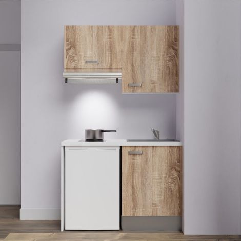 Kitchenette K01 Bois - Plan de travail Blanc - Crédence : Non - Evier Gris (1/4)
