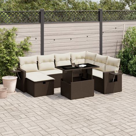 Ensemble salon de jardin 8 places en résine tressée marron avec table extensible et coussins amovibles (1/4)