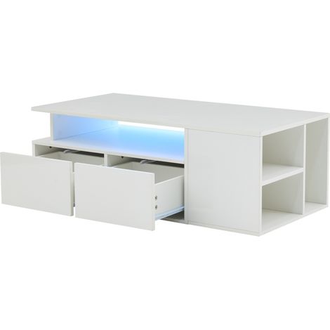 Mesa de centro blanca de 100 x 50 x 35 cm con LED, 2 cajones y gran capacidad de almacenamiento (1/5)