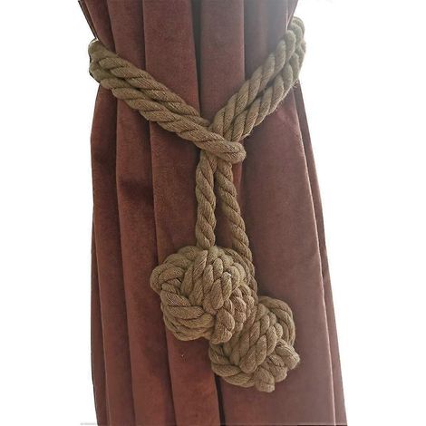 Lot de 2 embrasses de rideaux tressées à la main avec pompon double en corde de coton - Beige (1/3)