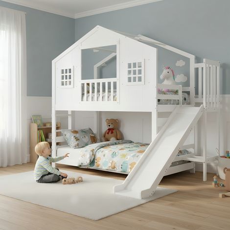 Lit superposé enfant 90/200 cm blanc en bois massif et MDF avec toboggan et garde-corps (1/5)
