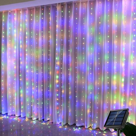 Guirlande lumineuse solaire LED (3 m x 1 m, 100 LED multicolores) - Rideau lumineux d'extérieur - Guirlande lumineuse féérique solaire en fil de cuivre - Compatible avec jardin, cour, mariage, fête, d (1/5)