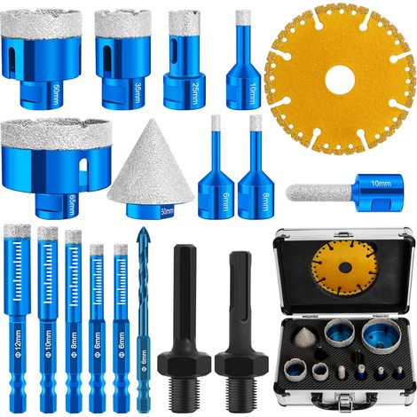 Lot de 19 Foret Diamant pour Carrelage, M14 Scie Cloche Diamant 6/8/10/25/35/50/65 mm + M6 Meche Carrelage 6/8/10/12 mm + Foret à Chanfreiner + Lame de Scie Plongeante + Adaptateur (1/5)