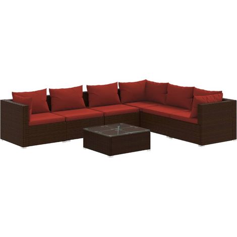 vidaXL Salon de jardin 7 pcs avec coussins Résine tressée Marron