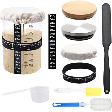 Kit Levain 900 ML Bocal de démarrage pour levain - Kit De Démarrage Au Levain avec bois, couvercle en acier inoxydable, capuchon en tissu, élastique, bandeau de température, spatule en silicone, etc (1/5)