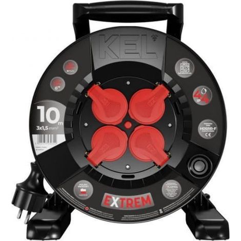 Extreme Verlängerungskabeltrommel mit 4 Steckdosen, mit/ohne IP44, 16 A, H05RR-F, 3 x 1,5 V, 10 m, schwarz, W-100020