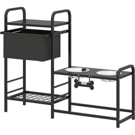 Ciotola rialzata per cani, regolabile in altezza, ciotola per cibo con contenitore, ciotola per acqua, 2 ciotole in acciaio inox da 800 ml, 89,5x27x74 cm, nera, disponibile in loco. (1/5)
