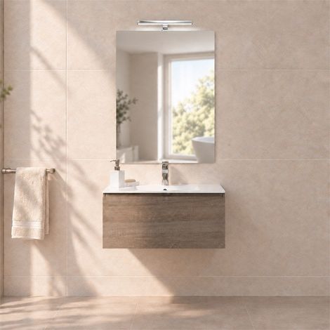 Mueble De Baño Suspendido Roble 60 Cm Con Cajón, Lavabo, Espejo Y Lámpara Led  Berlin (1/5)