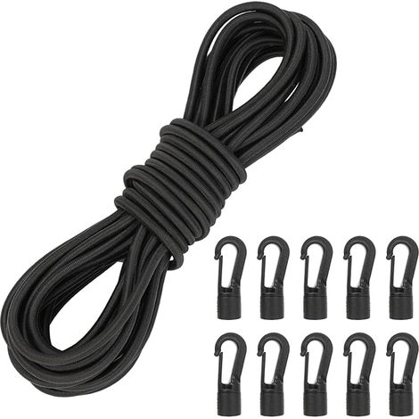 6mm x 10m Black Elastic Rope with 10 Plastic Hooks - Weather Resistant Stretch Sandow for Tarpaulin, Trailer, Tents, Camping, Sailing, Net (1/5)