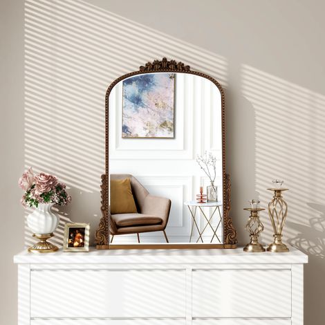 39.5in x 28.5in Vintage French Arched Gold Wall Mirror with Ornate Carved Frame - Decorative Accent for Living Room & Entryway (1/5)