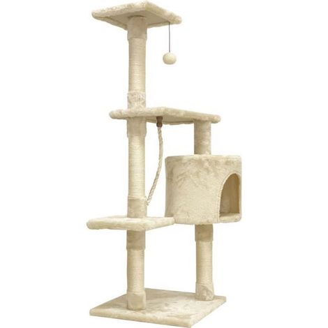 Les Tendances – Arbre à chat beige 40 x 40 x 114 cm – 3 plateformes, 1 niche, poteaux à griffer en sisal – Accessoires inclus : corde et balle de jeu (1/5)