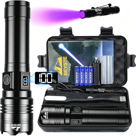 Lampe Torche LED Ultra Puissante 1,000,000 Lumens, 1520M - Zoomable 30W Lampe Torches Rechargeable USB C, IPX6 Étanche Flashlight 5 Modes avec Mini Torche UV pour Camping, Randonnée, Urgence (1/5)