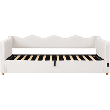 Cama banqueta 90x200 cm con almacenamiento hidráulico, terciopelo beige, con somier y USB HOMVRA (1/5)