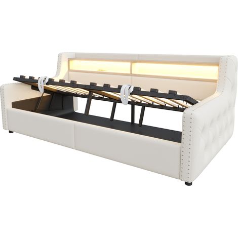 Lit banquette 90x200 coffre hydraulique LED USB tête épaisse beige (1/5)