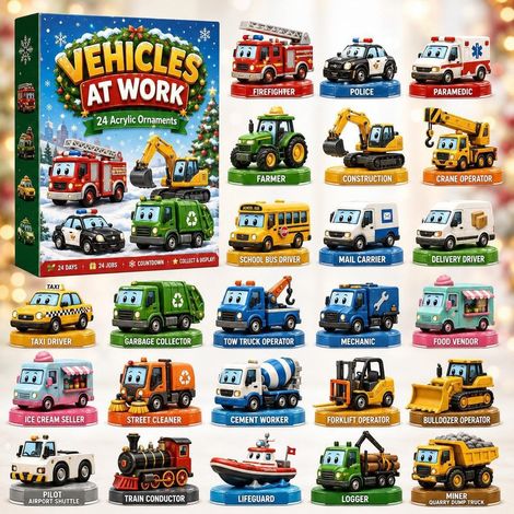 Calendrier de l'Avent 2026 sur le thème des véhicules de transport, décorations suspendues en acrylique de 24 jours, motif amusant de véhicules de chantier de dessin animé.-WOODTOR (1/3)