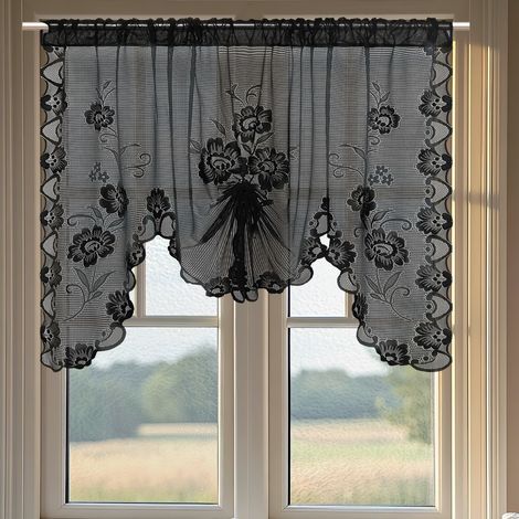 Cortinas semitransparentes de encaje floral negro, perfectas para la cocina y el baño. Dimensiones100 x 100 cm. (1/5)