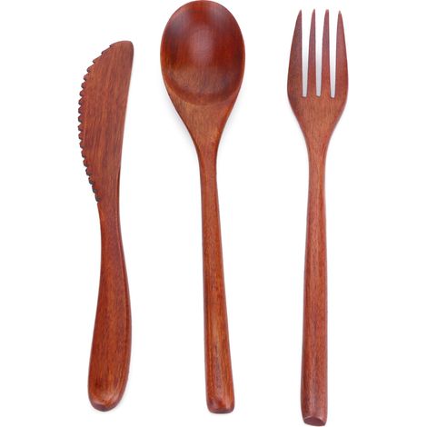 Ensemble de couverts en bois portatif - Cuillère, Fourchette, Couteau - Ustensiles de table écologiques avec sac de transport