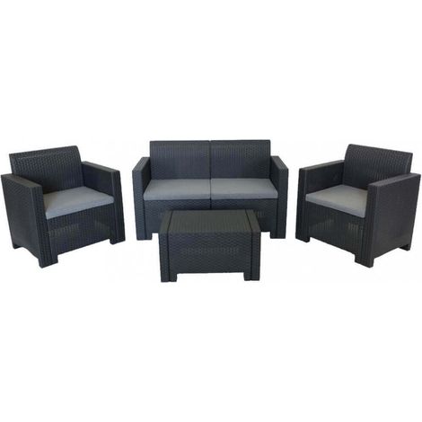 Set Salotto da Giardino Divano 2 Poltrone e Tavolino con Cuscini in Plastica Nero (1/5)