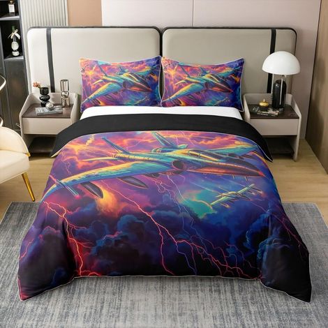 Parure de lit 100 % coton - Avec housse de couette de 135 x 200 cm et 1 taie d'oreiller - Motif avion - Pour enfants et adultes (1/4)