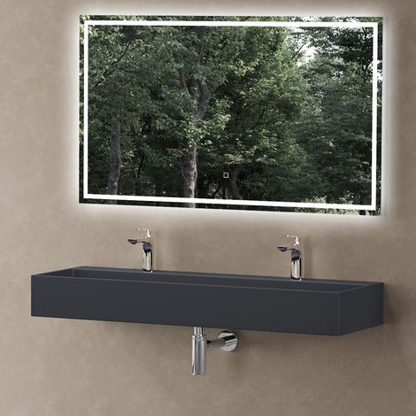 doporro Waschbecken Hängewaschbecken Colossum6028 120x40x14 cm, Aufsatzwaschbecken in Anthrazit matt aus Mineralguss Waschtisch mit 2 Armaturenlöcher