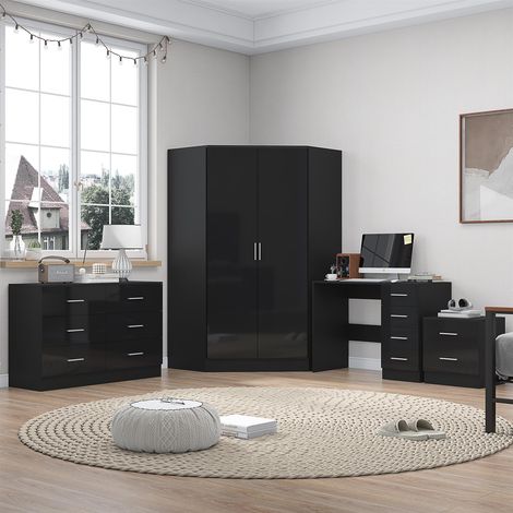 Reflect 2 Door Corner Wardrobe, 6 Drawer Chest, 2 Drawer Bedside & Desk - Black Gloss & Black Oak - Bedroom Furniture Set