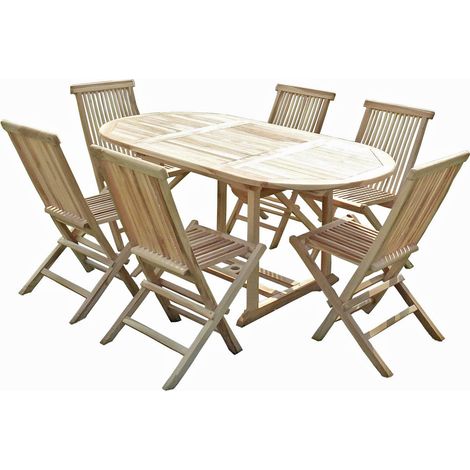 C&L Jardin – Ensemble table et chaises de jardin en teck massif – 6 places – Rallonge papillon 60 cm – Trou parasol 50 mm – Entretien huile pour teck (1/5)